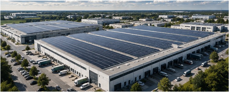 Photovoltaikanlage auf dem Dach einer Industriehalle